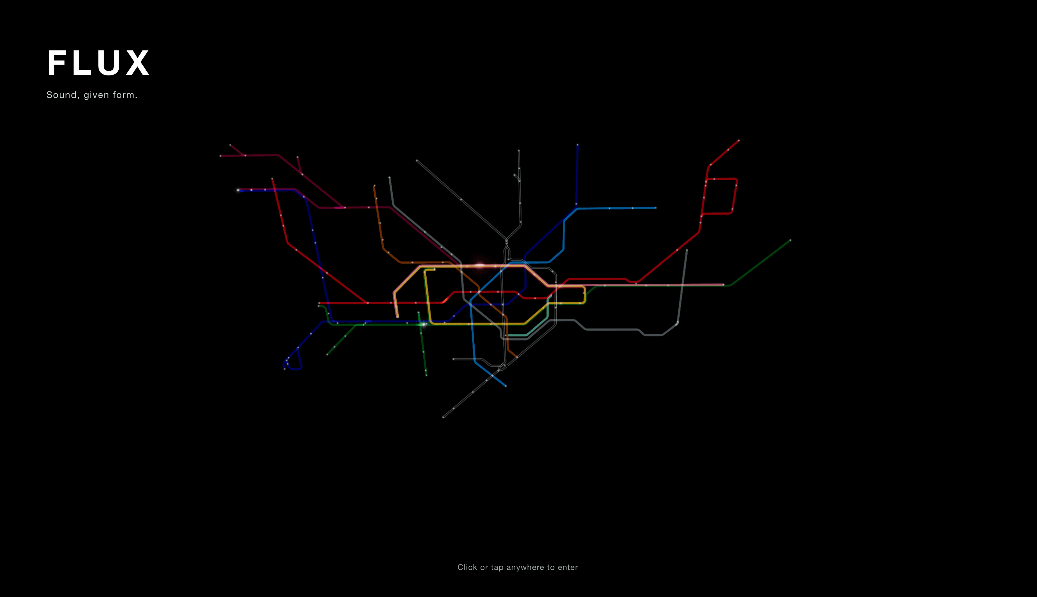 Flux’s opening screen, showing intersecting coloured lines on a black canvas beneath ‘Sound, given form.’